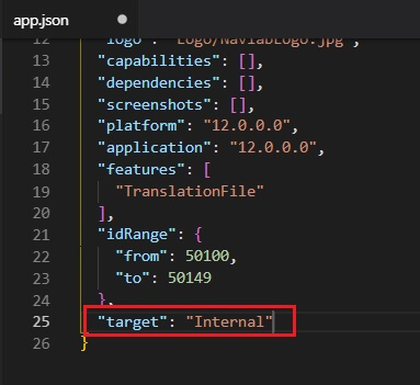 Adding target = internal in app.json file