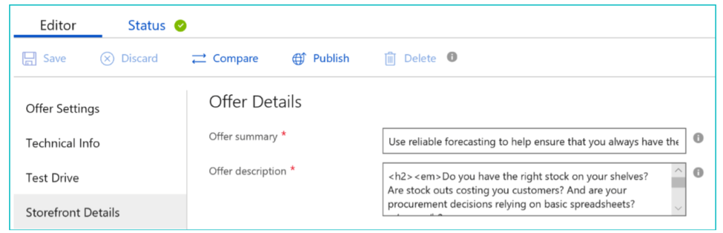Example of a completed offer summary and offer description in the “Offer details” section of the Cloud partner portal 