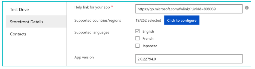 Example of the completed help link, supported countries and regions