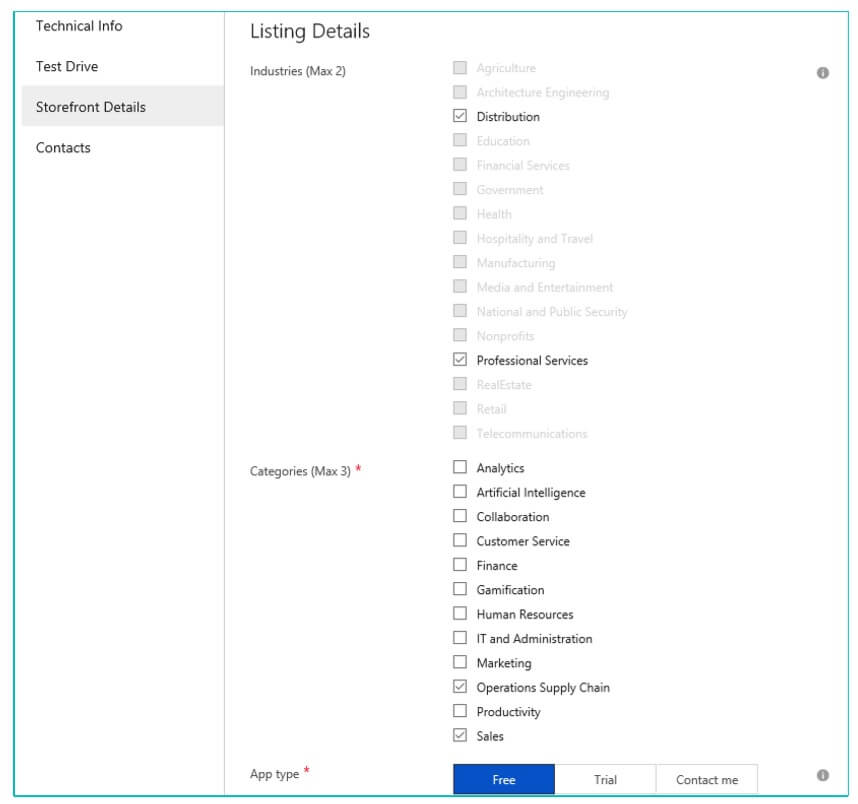 Example of the completed industries-, categories and app type fields (cf. point 3,4 and 5) in the “Listing details” section of the Cloud partner portal