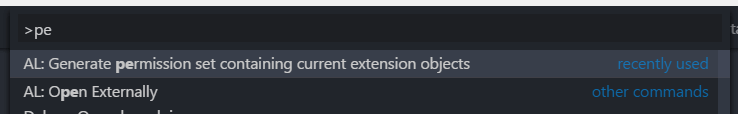 Visual Studio Code AL command for generating permissions file for extension objects. 