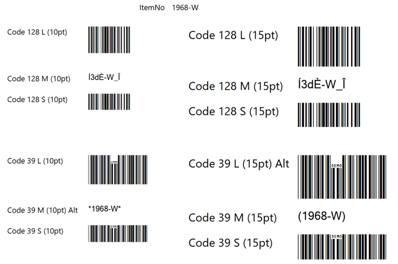 Note Using barcode fonts there are two ways to change the barcode size. 1. Changing the font variant. The IDAutomation fonts have size letters from XXS to XXL. Changing this letter will affect only the height of the barcode. This demonstration shows S, M and L sizes. 2. Changing the font size. Regardless of the font used you can change the font size. Changing the font size will affect width and height of the barcode. This demonstration shows 10pt and 15pt font sizes. Missing fonts If the required barcode font is not installed in the environment, the report will display the encoded value as plain text instead of rendering a barcode. For example, if targeting SaaS, but testing on an OnPrem environment without IDAutomation fonts installed, the barcode will not render. However, it will render correctly in SaaS environment.