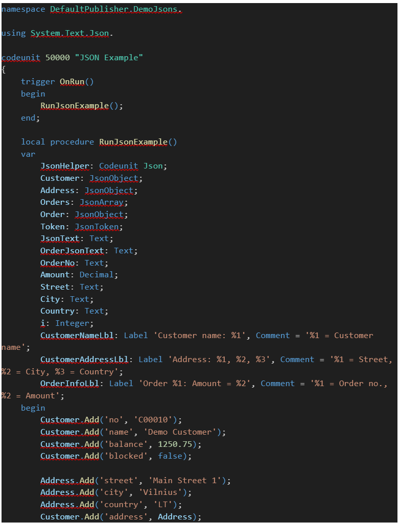 JSON in Business Central structure example